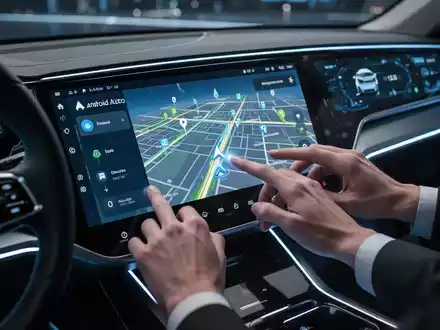 Moderner Autoinnenraum mit digitalem Armaturenbrett, das die Android-Auto-Oberfläche und eine 3D-Navigationskarte zeigt. - Foto: über boerse-global.de