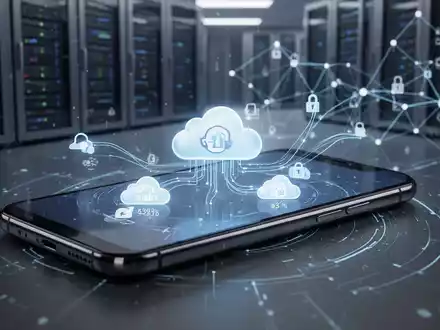 Ein Smartphone-Bildschirm zeigt Cloud-Speicher-Symbole und Datenübertragungslinien, mit abstrakten Servern und Netzwerken im Hintergrund, die digitales Datenmanagement symbolisieren. - Foto: über boerse-global.de