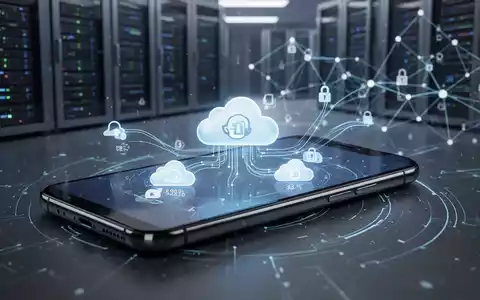 Ein Smartphone-Bildschirm zeigt Cloud-Speicher-Symbole und Datenübertragungslinien, mit abstrakten Servern und Netzwerken im Hintergrund, die digitales Datenmanagement symbolisieren. - Foto: über boerse-global.de