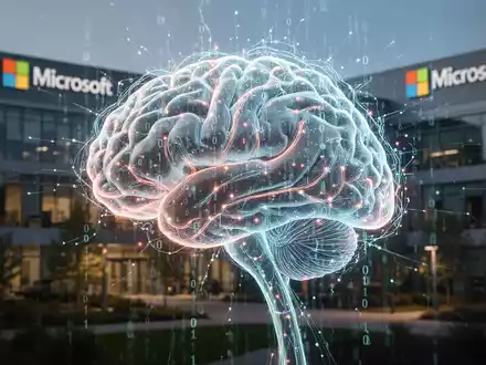 Stilisierte leuchtende neuronale Netzwerk-Hirn mit Binärcode, KI-Innovation symbolisierend, vor unscharfem Microsoft-Campus. - Foto: über boerse-global.de