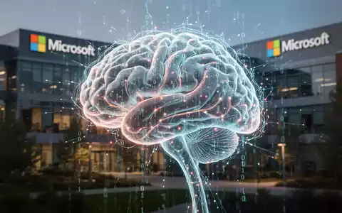 Stilisierte leuchtende neuronale Netzwerk-Hirn mit Binärcode, KI-Innovation symbolisierend, vor unscharfem Microsoft-Campus. - Foto: über boerse-global.de