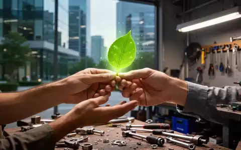 Hände tauschen ein leuchtend grünes Blatt, umweltfreundlichen Konsum und Gemeinschaftsinitiativen darstellend, mit urbanem Hintergrund. - Foto: über boerse-global.de