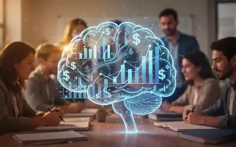 Ein stilisiertes Gehirn aus Finanzdiagrammen und Währungssymbolen, das Finanzwissen symbolisiert, mit verschwommenen Lernenden im Hintergrund. - Foto: über boerse-global.de