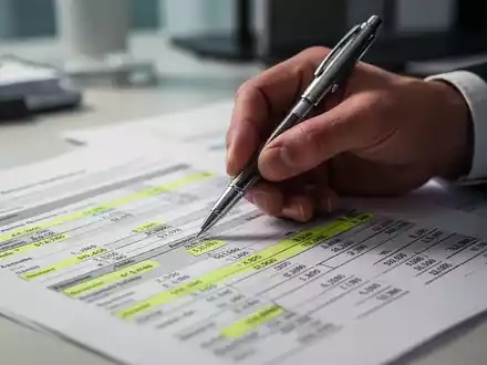 Eine Hand hält einen Stift über einem Finanzdokument mit Berechnungen und hervorgehobenen Abschnitten. - Foto: über boerse-global.de