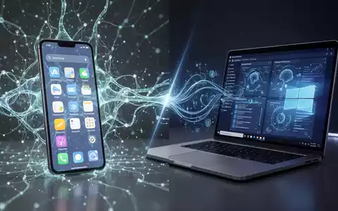 Geteiltes Bild mit Smartphone und Laptop, verbunden durch abstrakte Datenflüsse, symbolisiert neue Produktivitäts-Apps und KI-Integration. - Foto: über boerse-global.de