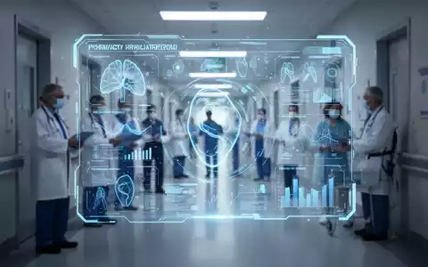 Eine futuristische, leuchtend blaue digitale Benutzeroberfläche mit medizinischen Daten in einem modernen Krankenhausumfeld. - Foto: über boerse-global.de