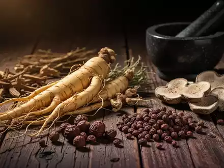 Nahaufnahme von verschiedenen getrockneten Kräutern der Traditionellen Chinesischen Medizin auf einem dunklen Holztisch. - Foto: über boerse-global.de