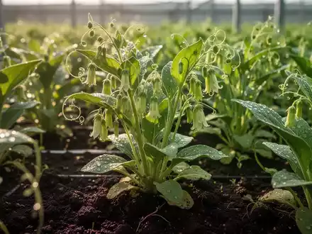 Nahaufnahme von Codonopsis pilosula Pflanzen mit grünen Blättern und zarten Blüten in dunkler Erde, sanft beleuchtet. - Foto: über boerse-global.de
