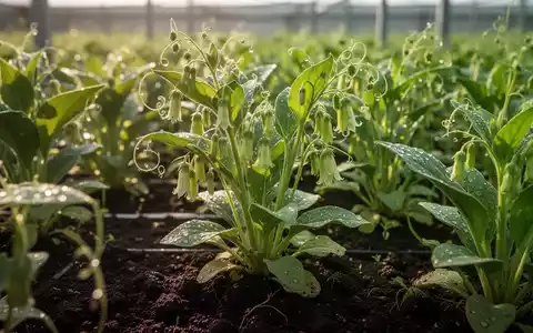 Nahaufnahme von Codonopsis pilosula Pflanzen mit grünen Blättern und zarten Blüten in dunkler Erde, sanft beleuchtet. - Foto: über boerse-global.de