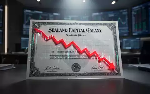 Ein stilisiertes Sealand Capital Galaxy Aktienzertifikat mit einer deutlichen roten Abwärtstrendlinie, das einen Kursrückgang symbolisiert. - Foto: über boerse-global.de