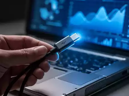 Eine Hand hält ein USB-C-Kabel, beleuchtet von blauem Licht eines Laptop-Bildschirms mit Daten. Fokus auf dem Kabel. - Foto: über boerse-global.de