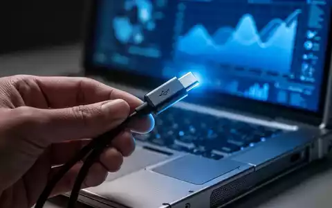 Eine Hand hält ein USB-C-Kabel, beleuchtet von blauem Licht eines Laptop-Bildschirms mit Daten. Fokus auf dem Kabel. - Foto: über boerse-global.de