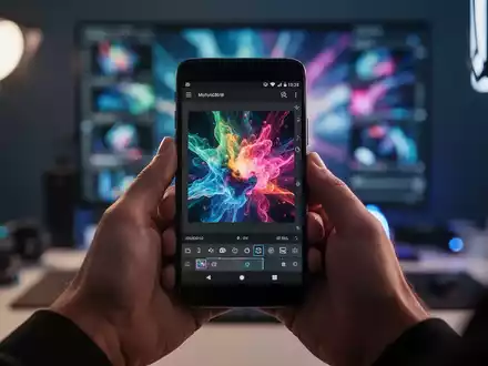 Nahaufnahme von Händen, die ein Android-Smartphone mit einer professionellen Fotobearbeitungs-App-Oberfläche und einem lebendigen Bild halten. - Foto: über boerse-global.de