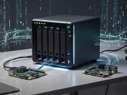 Modernes NAS-Gerät mit mehreren Einschüben, verbunden mit einem Raspberry Pi, symbolisiert Open-Source-Datenverwaltung. - Foto: über boerse-global.de