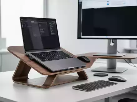 Ein hölzerner Laptop-Ständer mit Laptop auf einem modernen Schreibtisch, umgeben von ergonomischem Bürozubehör in einem hellen Büro. - Foto: über boerse-global.de