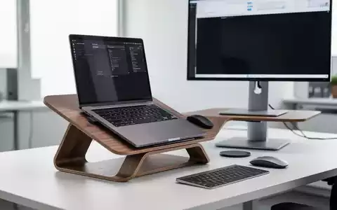 Ein hölzerner Laptop-Ständer mit Laptop auf einem modernen Schreibtisch, umgeben von ergonomischem Bürozubehör in einem hellen Büro. - Foto: über boerse-global.de