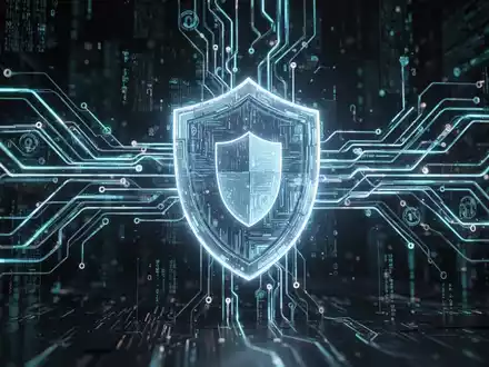 Abstrakter digitaler Schild schützt ein Netzwerk leuchtender Datenkreisläufe, symbolisiert KI-gestützte Cybersicherheit und Fehlerbehebung. - Foto: über boerse-global.de