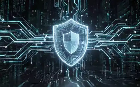 Abstrakter digitaler Schild schützt ein Netzwerk leuchtender Datenkreisläufe, symbolisiert KI-gestützte Cybersicherheit und Fehlerbehebung. - Foto: über boerse-global.de