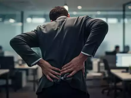 Eine Person von hinten, leicht gekrĂŒmmt, hĂ€lt sich den unteren RĂŒcken in einem BĂŒroumfeld und deutet auf Schmerzen hin. - Foto: ĂŒber boerse-global.de