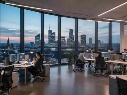 Ein modernes Büro in Frankfurt mit Blick auf die Skyline, das Zusammenarbeit und New-Work-Konzepte widerspiegelt. - Foto: über boerse-global.de