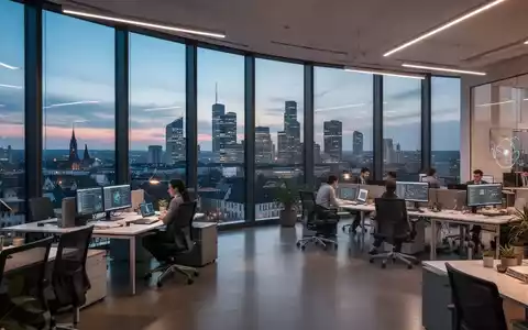 Ein modernes Büro in Frankfurt mit Blick auf die Skyline, das Zusammenarbeit und New-Work-Konzepte widerspiegelt. - Foto: über boerse-global.de