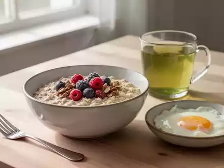Ein ausgewogenes Frühstück mit Haferflocken, Beeren, Nüssen, grünem Tee und Eiern auf einem Holztisch bei Morgenlicht. - Foto: über boerse-global.de
