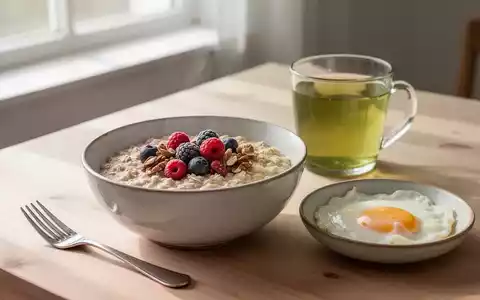 Ein ausgewogenes Frühstück mit Haferflocken, Beeren, Nüssen, grünem Tee und Eiern auf einem Holztisch bei Morgenlicht. - Foto: über boerse-global.de