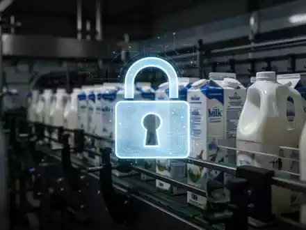 Digitales Vorhängeschloss-Symbol über einer unscharfen Milchproduktionslinie, Symbol für einen Ransomware-Angriff auf die Fertigung. - Foto: über boerse-global.de