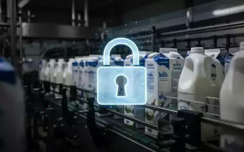 Digitales Vorhängeschloss-Symbol über einer unscharfen Milchproduktionslinie, Symbol für einen Ransomware-Angriff auf die Fertigung. - Foto: über boerse-global.de