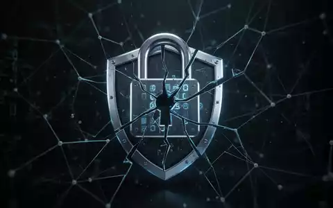 Leuchtendes, zerbrochenes digitales Schloss-Symbol mit zersplittertem Schild, das eine Sicherheitslücke darstellt. Datenleitungen im Hintergrund. - Foto: über boerse-global.de