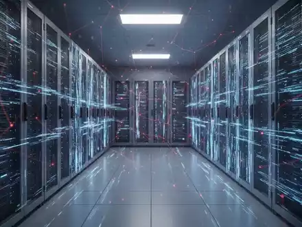 Digitale Darstellung eines gesicherten Serverraums mit Datenströmen und einem abstrakten Netzwerk roter Linien, das einen Cyberangriff anzeigt. - Foto: über boerse-global.de