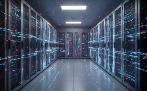 Digitale Darstellung eines gesicherten Serverraums mit Datenströmen und einem abstrakten Netzwerk roter Linien, das einen Cyberangriff anzeigt. - Foto: über boerse-global.de