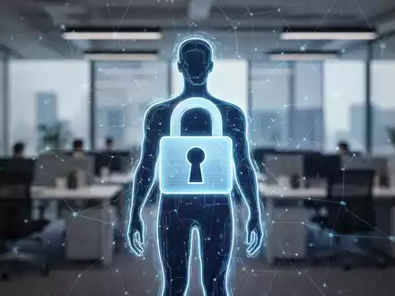 Ein digitales Vorhängeschloss über einer stilisierten menschlichen Silhouette, das sicheres digitales Onboarding und Cybersicherheit darstellt. - Foto: über boerse-global.de