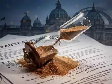 Eine zerbrochene Sanduhr, deren Sand auf unscharfe Rechtsdokumente und eine verschwommene Silhouette des Europaparlaments fällt. - Foto: über boerse-global.de