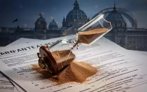Eine zerbrochene Sanduhr, deren Sand auf unscharfe Rechtsdokumente und eine verschwommene Silhouette des Europaparlaments fällt. - Foto: über boerse-global.de