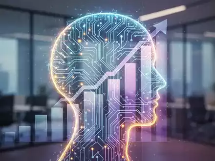 Stilisierter menschlicher Kopf aus leuchtendem neuronalen Netz, abstrakte Karriereleiter, verschwommenes Büro. - Foto: über boerse-global.de