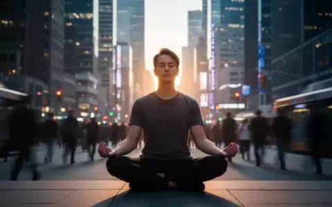 Eine Person meditiert ruhig inmitten einer verschwommenen, geschäftigen Stadtlandschaft, die Stressreduktion im modernen Leben symbolisiert. - Foto: über boerse-global.de