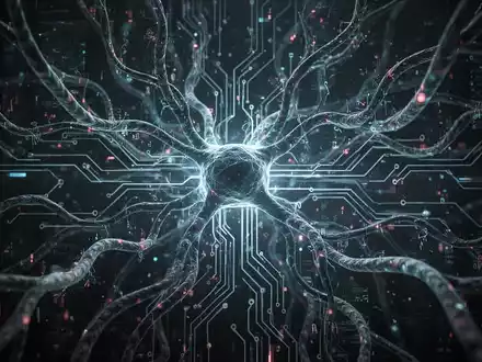 Eine stilisierte, leuchtende neuronale Netzwerkkonstruktion mit dunklen, abstrakten digitalen Ranken, die ein Botnetz symbolisieren. - Foto: über boerse-global.de
