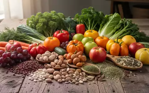 Eine Nahaufnahme einer bunten Auswahl an frischem GemĂĽse, Obst, NĂĽssen und Samen auf einem Holztisch. - Foto: ĂĽber boerse-global.de
