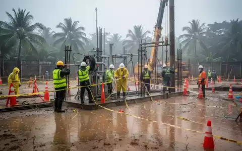 Baustelle in einer tropischen Region während starkem Regen, mit Arbeitern, die Sicherheitsmaßnahmen gegen Überschwemmungen ergreifen. - Foto: über boerse-global.de