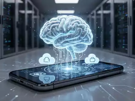 Smartphone-Bildschirm mit leuchtendem digitalem Gehirn-Symbol und Cloud-Speicher-Symbolen, die KI- und Cloud-Integration darstellen. - Foto: ĂŒber boerse-global.de