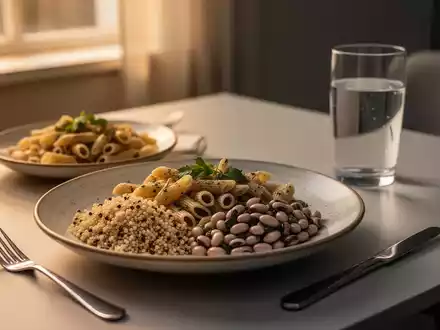 Ein ausgewogen angerichtetes Abendessen mit Vollkornnudeln, Quinoa und Hülsenfrüchten auf einem minimalistischen Tisch in warmem Licht. - Foto: über boerse-global.de
