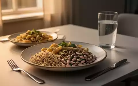 Ein ausgewogen angerichtetes Abendessen mit Vollkornnudeln, Quinoa und Hülsenfrüchten auf einem minimalistischen Tisch in warmem Licht. - Foto: über boerse-global.de