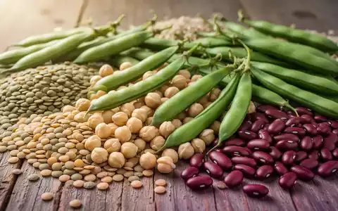Nahaufnahme von verschiedenen Hülsenfrüchten und pflanzlichen Proteinen auf einer Holzoberfläche, die nachhaltige Ernährung symbolisieren. - Foto: über boerse-global.de