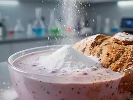 Nahaufnahme eines weißen Pulvers, das in eine gesunde Lebensmittelzubereitung wie eine Smoothie-Schale oder ein Gebäck eingearbeitet ist. - Foto: über boerse-global.de