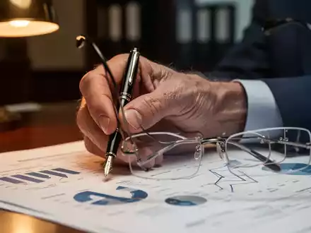 Eine elegante, reife Hand hält einen Füllfederhalter über einem Finanzdokument mit Diagrammen und einer Brille. - Foto: über boerse-global.de
