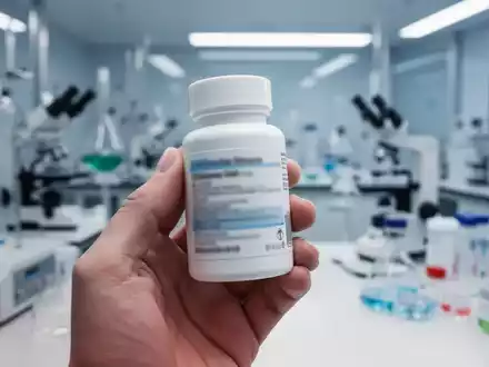 Eine Hand hält eine weiße Pillenflasche in einem sterilen Labor. Hintergrund mit wissenschaftlicher Ausrüstung. - Foto: über boerse-global.de