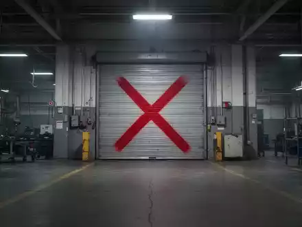 Ein groĂes rotes 'X' auf einer geschlossenen FabriktĂŒr auf einem dunklen Industrieboden, symbolisiert WerksschlieĂungen und Stellenabbau. - Foto: ĂŒber boerse-global.de