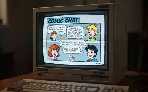Ein alter Computermonitor aus den 1990ern zeigt die bunte, comicartige Oberfläche von Microsoft Comic Chat. - Foto: über boerse-global.de