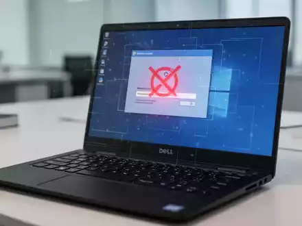 Nahaufnahme einer Dell-Laptop-Tastatur und eines Bildschirms mit rotem Pause-Symbol über einem Windows-Update-Fortschrittsbalken. - Foto: über boerse-global.de